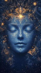Surreal cosmic portrait of a blue ethereal face with intricate golden patterns and stars
