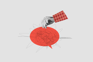 Composite photo collage of hand hold red bubble communication phrase speech talk conversation...