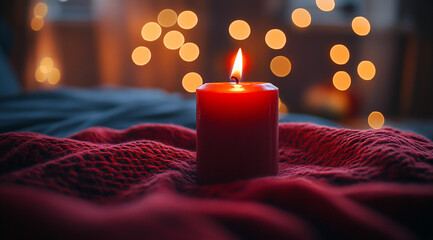 Cozy Red Candle on Knitted Blanket with Warm Golden Bokeh Lights in a Relaxing Atmosphere – Romantic Hygge-Inspired Decor