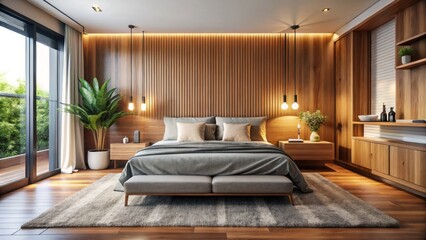 Modern Bedroom Design: Large Bed & Wooden Feature Wall - Interior Photography
