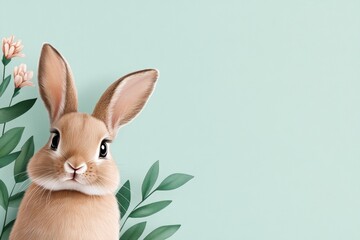 Obraz premium A soft watercolor painting of a dwarf rabbit nestled among vibrant flowers, with gentle pastel blending creating a serene effect