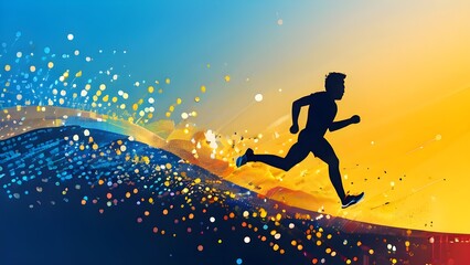 Naklejka premium illustration of a wave of data points shaping into a runner's silhouette, conveying speed and precision guided by AI