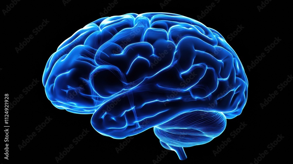 Poster This detailed view of a brain features luminous blue neural pathways against a dark background, ideal for visual storytelling or presentations. Generative AI