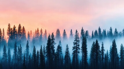 Misty Forest Landscape with Pine Trees and Serene Colorful Sky at Dawn