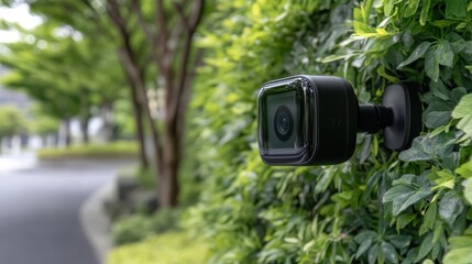Modern Surveillance Camera Mounted on Green Leafy Wall Outdoors