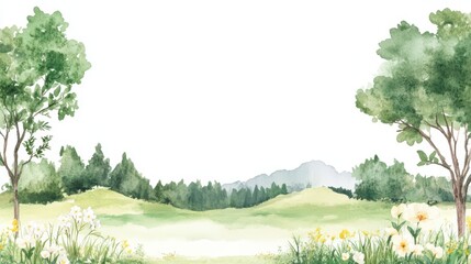 Serene Watercolor Landscape with Lush Green Trees and Meadow