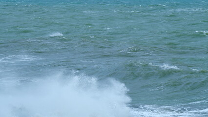 Ocean Beautiful Waves. Storm At Sea And Extreme Ocean Waves Breaking Into Sea Splashing Foam....