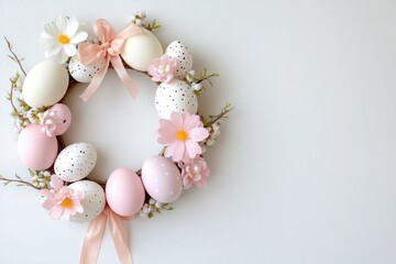 Obraz premium Beautiful easter wreath with colorful eggs and flowers on white background