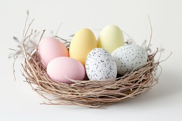 Fototapeta premium Pastel-colored easter eggs nestled in a bird's nest evoke feelings of spring and new beginnings