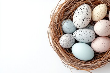 Pastel-colored easter eggs resting in a bird's nest, creating a serene and festive scene