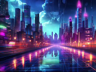 Eye catching A vibrant, futuristic cityscape with neon lights and reflections on water