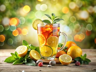 Fototapeta premium Refreshing Double Exposure of Iced Tea on a White Background Capturing Summer Vibes and Chill Moments in a Glass with Citrus Fruits and Green Leaves for a Perfect Beverage Experience