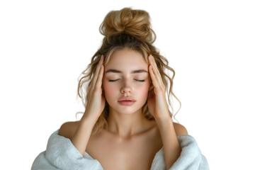 Fototapeta premium Young woman suffering from headache, isolated on white background.