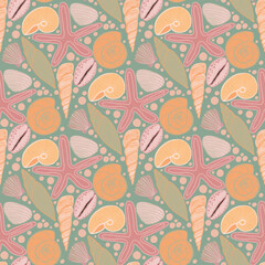 Seamless pattern with seashells, starfish, and marine elements. Beach-inspired print.  Repeating background perfect for wallpaper, fabric, wrapping, packaging, stationery, crafts, and summer decor.