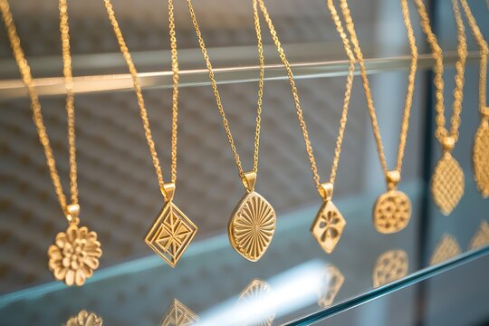 A collection of fine gold necklaces with pendants in various designs such as geometric, floral, and abstract, arranged neatly on a sleek glass shelf.