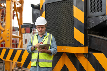 Construction site supervisor or project manager wearing a white hard hat and safety vest using walkie-talkie while holding a laptop and standing near red tower crane equipment.