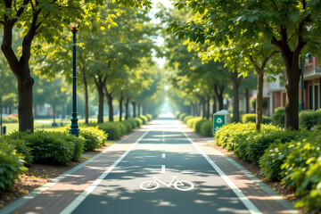 Obraz premium A peaceful bike path lined with vibrant greenery, featuring solar-powered streetlights and a recycling station, symbolizing a clean and green urban lifestyle