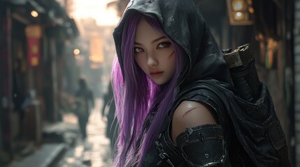 Obraz premium An alluring Asian assassin warrior woman with purple hair and a hood, standing in the alley background wallpaper AI generated image
