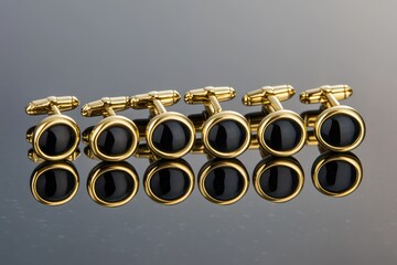 A collection of gold and black onyx cufflinks arranged neatly on a reflective ebony surface.