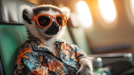 Fototapeta premium Lemur in sunglasses on a plane