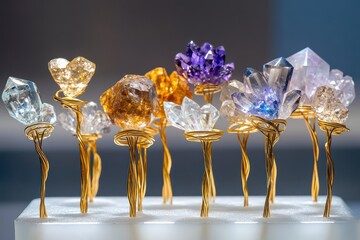 A collection of delicate gold wire rings, each holding a different type of crystal, presented on a base of frosted glass.