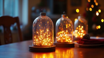Creative holiday table centerpieces featuring LED fairy lights under frosted glass domes