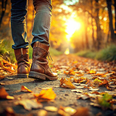 Men's boots. A man walks through the park. Autumn.