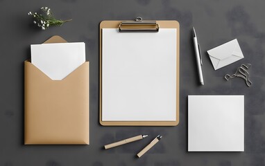 Blank Office Stationery Set - Clipboard, Envelope, and Paper Mockup design,


