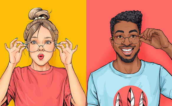 Young surprised woman and smiling man wear spectacles, look with surprised expression, being from various nations, express shock and happiness. Wow people