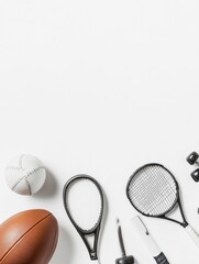 Various sports equipment such as a football, tennis racket, and dumbbell are neatly arranged, leaving ample space for additional text or information. Generative AI