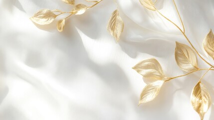 Obraz premium Elegant gold leaf arrangement on soft fabric background interior decor aesthetic setting close-up view serenity concept