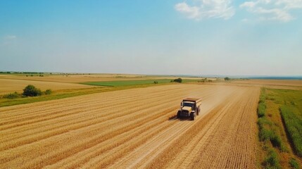 Naklejka premium Aerial View of Agricultural Landscape with Tractor Harvesting Wheat Field