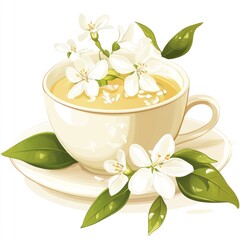 Teacup of floral tea, blossoms, and leaves.