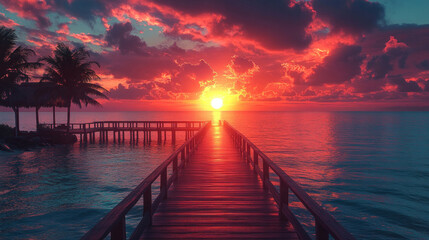 Obraz premium Seasonal summer background with a vibrant sunset over a sandy beach and palm trees