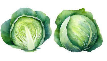 Obraz premium Fresh Green Cabbage Cut and Whole Watercolor Illustration Food Vegetable Healthy Eating