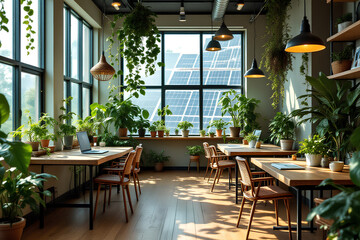 Fototapeta premium A bright co-working space with desks, indoor plants, and solar panels visible through large windows, promotes environmentally conscious collaboration 