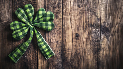 Fototapeta premium St Patricks day background with wood surface and Irish plaid fabric.