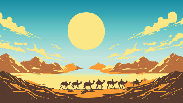 Desert landscape with a row of camels and sun in the middle vector illustration