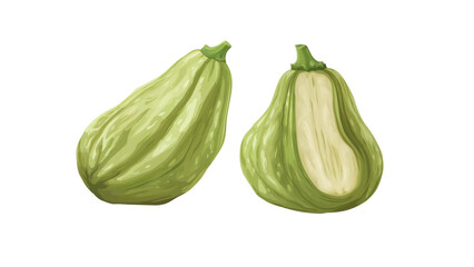 Obraz premium Chayote Squash with smooth, creamy flesh, a realistic, textured pit, showing fresh ripeness and health appeal, isolated on a white background