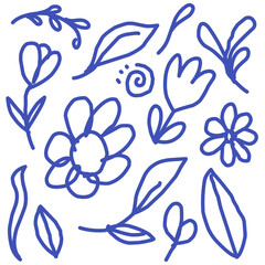 Simple floral doodles featuring various flowers and leaves in blue line art on a white background, perfect for patterns, greeting cards, or decorative projects