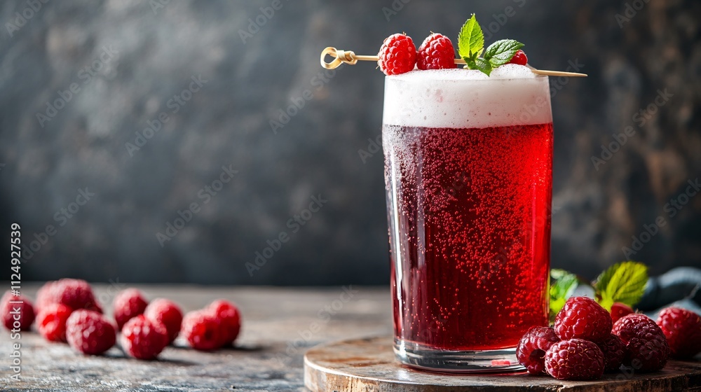 Aufkleber glass of refreshing raspberry beer with foam and fresh berries