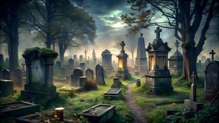 Ancient cemetery with ornate tombstones shrouded in an eerie mist