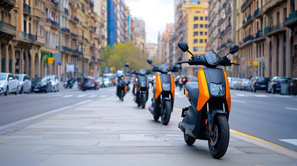 Obraz premium Lineup of Electric Scooters on a Bustling Urban Street Corner