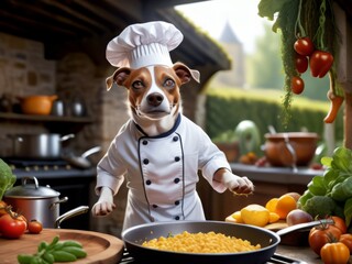 Whimsical dog dressed as a chef cooking pasta in a rustic kitchen