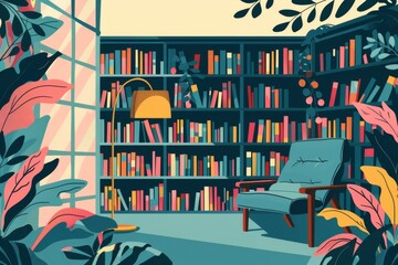 A cozy reading nook surrounded by bookshelves and greenery, inviting relaxation and exploration.