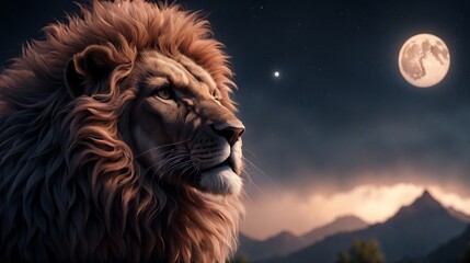 Majestic lion gazing at the moonlit night sky with serene mountains