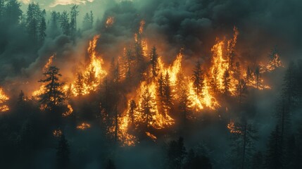 Intense forest fire erupts in wilderness captured aerially in dramatic scene highlighting nature's fury and destruction
