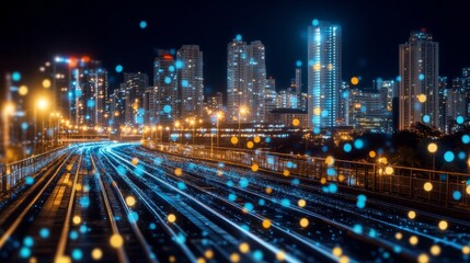 Obraz premium Digital Data Transfer on Railway Tracks with City Skyline, Vision of Speed and Technology at Night.
