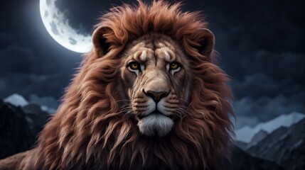 Majestic lion with a flowing mane gazing under a full moonlit sky