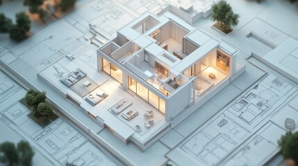 Custom house blueprint with innovative designs such as split-level living areas and connected courtyards